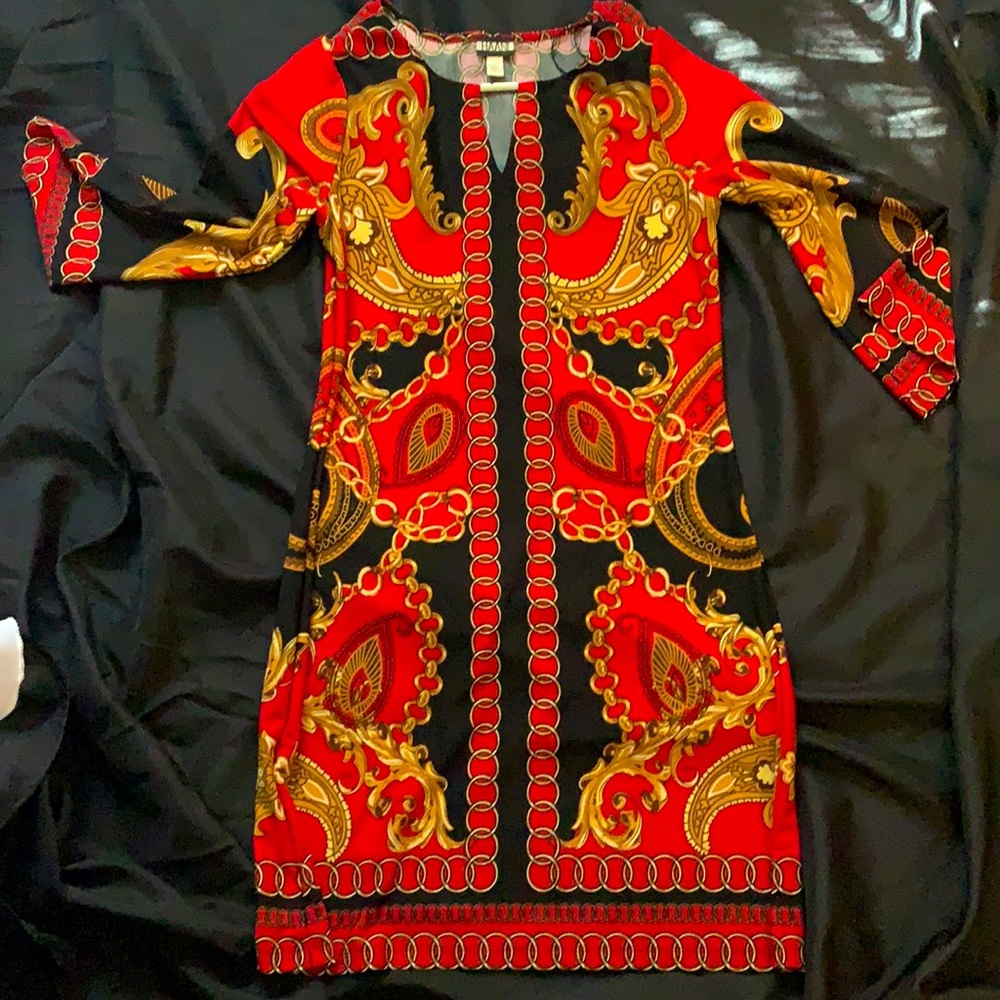 Red, Black and gold dress
